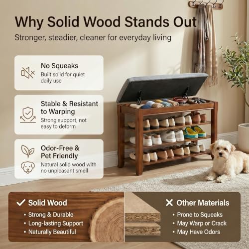 Solid Wood Shoe Rack Bench with Storage, Flip-Top Soft-Close Lid, 31.5” - Image 3