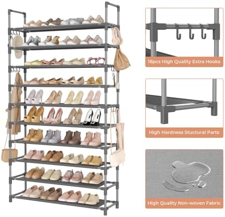 LANTEFUL Tall Shoe Rack 10 Tier Shoe Organizer Large Shoe Shelf with 18 Hooks Storage for 50 Pair Sneaker and Boot, Stackable Vertical Shoe Rack Organizer for Closet, Entryway, Bedroom, Grey - Image 4