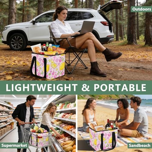 Trunk Organizer Collapsible Car Organizer with Handle Car Storage Box Bin for Groceries SUV Utility Tote Bag Portable Vehicle Container Lemon Cherry Pink - Image 6
