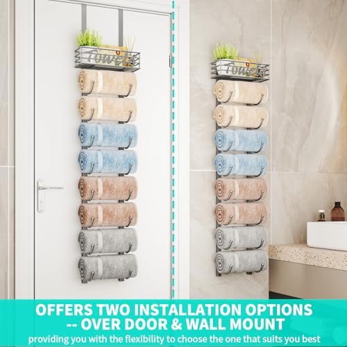 HapiRm Towel Racks for Bathroom Storage - 9 Tier Over The Door & Wall Mount Rolled Towel Storage Organizer Holder with Metal Shelf Basket for Small Bathroom, Camper, Rv - Sliver, Patented - Image 2