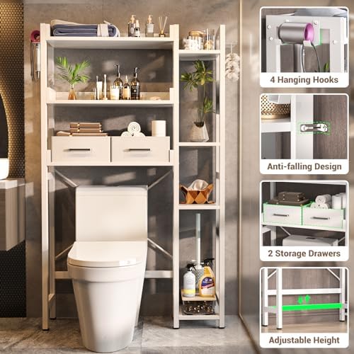 Besiost Over The Toilet Storage, 7 Tier Bathroom Organizer with Reversible Side Shelf and 2 Fabric Drawers, Adjustable Freestanding Rack Space Saver for Small Spaces, White - Image 4