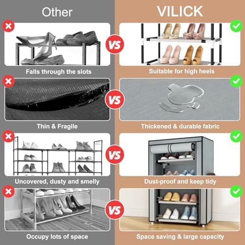 VILICK Shoe Rack with Cover Narrow Shoe Rack Organizer with 4 Side Pockets 10 Tier Tall Shoe Storage Shoe Shelf Holds 18-22 Pairs Shoes and Boots Shoe Rack for Closet, Grey - Image 5
