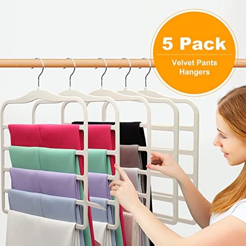 Closet Organizers and Storage, 5 Pack Velvet Pants-Hangers-Space-Saving | Non Silp 5 Tier Clothes-Hanger for College-Dorm-Room-Essentials, Closet-Storager for Jeans Scarf Hanger, Home Organization - Image 2