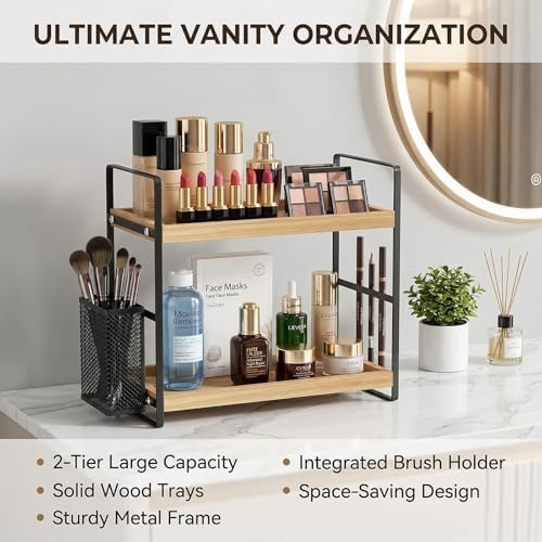 LEMIKKLE 2-Tier Wood Bathroom Counter Organizer with Basket,Waterproof Vanity Perfume Skincare Storage for Bathroom, Kitchen, Dresser - Image 3