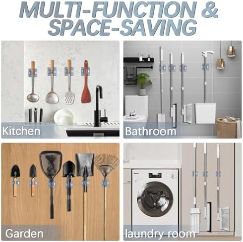 3-H 40-Pack Self Adhesive Broom Holder Wall Mount - Heavy Duty No Drill Broom Organizer for Garage Closet Kitchen, Plastic Storage Rack for Brooms Mops Tools, Grey - Image 5