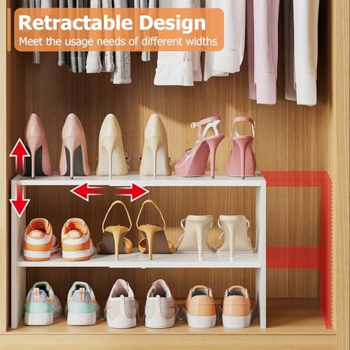 X-cosrack 2 Pack 2-Tier Shoe Rack Organizer for Closet, Expandable and Adjustable White Shoe Rack, Stackable Iron Wood Combination Shoe Storage Shelves for Closets, Entryway, Small Space, Garage - Image 4