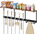 Broom Holder Wall Mount with Cleaning Supplies Organizer, Laundry Room Organization and Storage Shelves with Ironing Board Holder, Mop Hanger Broom Rack with Hooks, Home Improvement Garage Organizer by Olakee