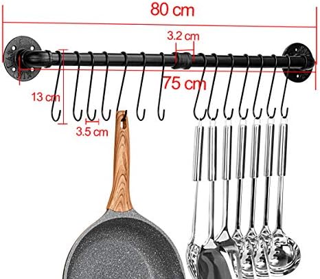 Toplife 31.5 inch Pot Rack, Kitchen Wall Mounted Detachable Pan Lid Utensils Organizer Hanging Rail with 14 Hooks, Black - Image 2
