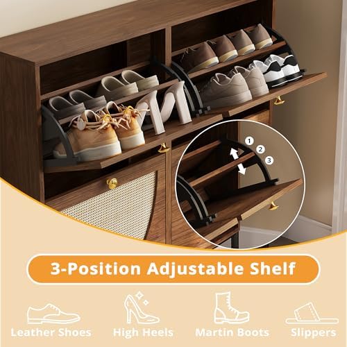 IRONCK Rattan Shoe Cabinet Storage with 4 Flip Drawers, Walnut - Image 5
