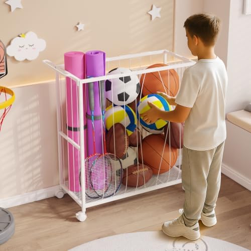 Homsorout Ball Storage Bin Rolling Sports Ball Cart, White - Image 5