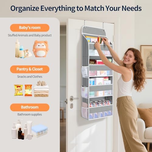 Yecaye Over The Door Organizer, Heavy Duty Hanging Organizers and Storage with 4 Large Capacity Pockets, Swing-Proof Behind The Door Storage for Bathroom Nursery Bedroom Dorm Closet, Grey,1Pc - Image 4