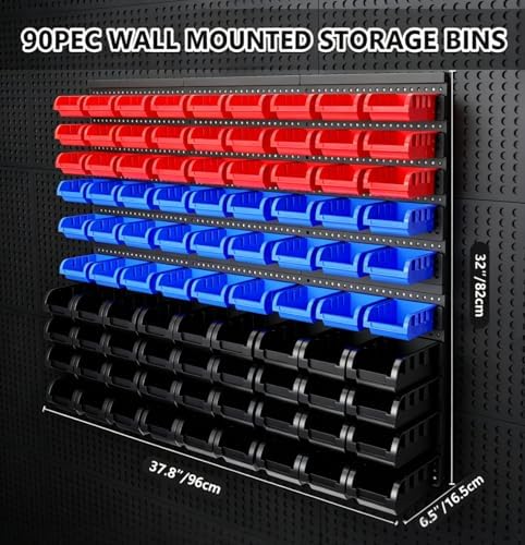 90Pcs Wall Mounted Storage Organizer Bins with Rack, Nuts, Bolts, and Hardware for Screws, Nails, Beads,Small Parts (Red, Blue, Black) - Shop,Garage Tool Storage Solution - Image 2