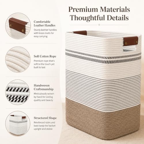 Laundry Hamper, Cotton Rope Laundry Basket with Leather Handles, 25.1-Gallon/95 L Large Clothes Hampers for Laundry, Woven Laundry Baskets for Blankets, Clothing, Bedroom, Living Room, Nursery - Image 5