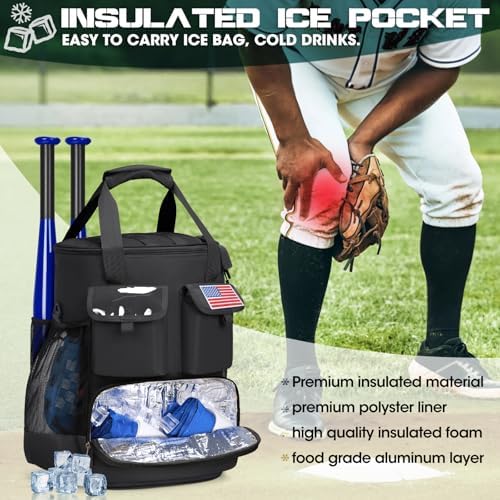 RAINSMORE Baseball Bucket Bag Baseball Coaches Accessories Organizer with Insulation Pocket Tactical Softball Bag with Anti-Slip Bottom, Multiple Pockets for Bat, Gloves, Scoreboards - Image 2