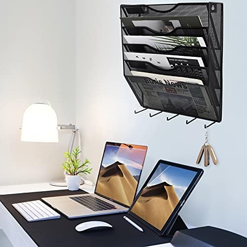 EASEPRES 5 Pocket Mesh Hanging File Organizer with Key Holder Hooks & Nametag Label, Wall Mounted Mail Paper Document Folder Storage Organization Magazine Rack for Office Cubicle, 5 Tier Black - Image 6