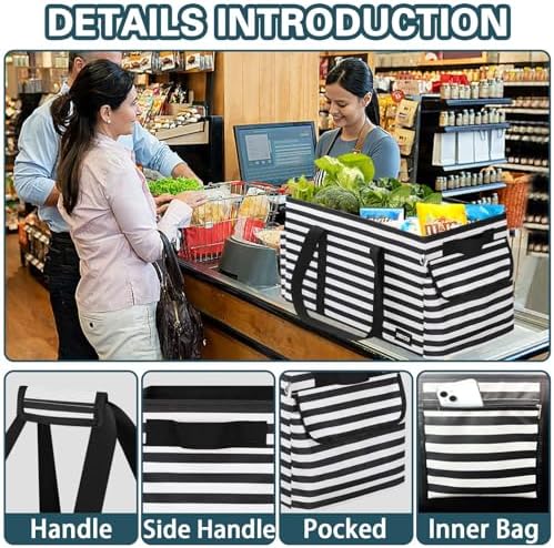 Standing Extra Large Utility Tote Bag with Hard Bottom & Hard Sides, Heavy Duty Reusable Grocery Bags with Handles & 3 Pockets for Shopping, Picnics, Camping, Laundry, Car, Beach Tote Bag - Image 5