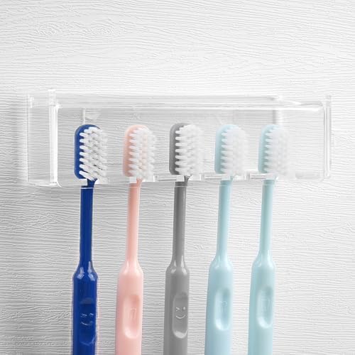 5 Slots Wall Mount Toothbrush Holder with Cover, Self Adhesive Toothbrush Storage Organizer for Shower, Toothbrush Hanger for Bathroom, Medicine Cabinet, Dorm (Clear) - Image 5