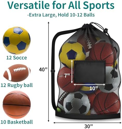 Extra Large Mesh Ball Bag, Heavy Duty 40"x30" Hold 10-12 Soccer Basketball - Image 2