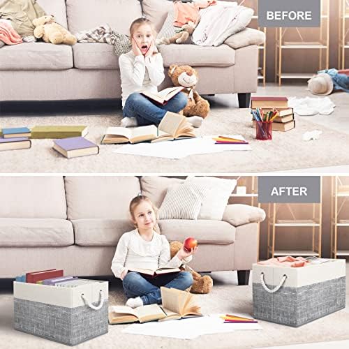 Fab totes Storage Bins 2-Pack, Foldable Storage Baskets for Organizing Toys, Books, Shelves, Closet, Large Storage Box with Rope Handles, Sturdy Organizer Bins, White & Grey - Image 6