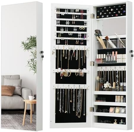 Full Length Mirror Jewelry Cabinet - 2-in-1 Organizer for Makeup and Jewelry,Lockable Door Wall-Mounted Jewelry Armoire with Shelves and Behind the Door Storage White by MASMIRE