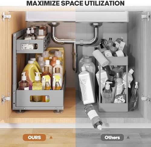 2 Pack 19IN-Depth Under Sink Organizer,Pull Out Cabinet Organizer With Smooth Cylindrical Rail,Metal Slide Out Drawer for Kitchen Bathroom Laundry,8-Level Tool Free Height Adjustable-Gun Gray - Image 6
