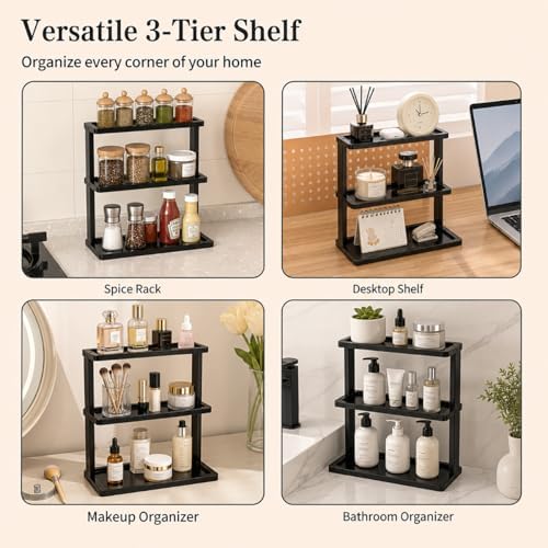 PEKER Bamboo Bathroom Organizer Countertop – Vanity Storage Shelf for Makeup, Perfume, Skincare – Natural Cosmetics Display Rack for Dresser, Sink, Kitchen – Black - Image 7