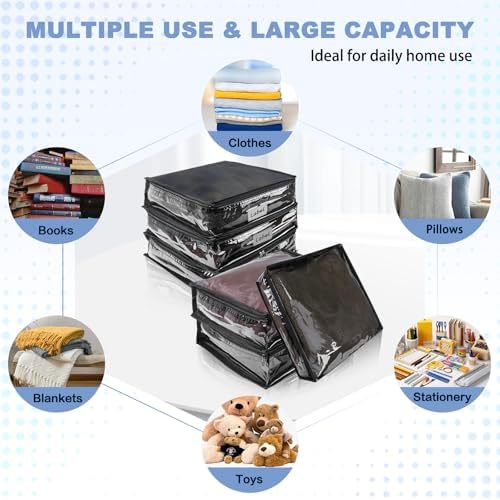 Clear Zippered Plastic Clothes Storage Bags, 6 Pack, Black | Clear Storage Bags with Zipper Plastic Storage Bags for Clothes Sweaters Blankets Sheets, Size: 12 x 12 x 4 Inch - Image 4