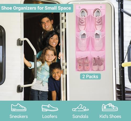 KIMBORA 2 Packs Narrow Kids Over the Door/Wall Shoe Organizer Small Baby Hanging Shoe Rack for Closet with Clear Mesh Pocket Shoe Storage for Toddler Girl Bedroom, Bathroom, RV, Pantry, Camping (Pink) - Image 2