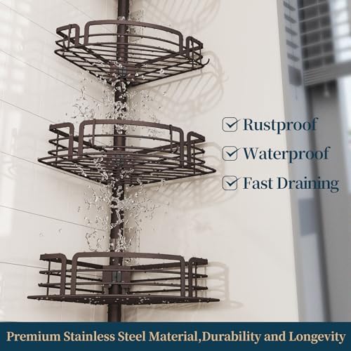 Consumest Corner Shower Caddy Tension Pole - Rustproof Shower Shelves with Towel Bar & Soap Holder, Adjustable Bath Organizer for Bathroom Storage, 27.6-108.3 inch, Bronze - Image 6