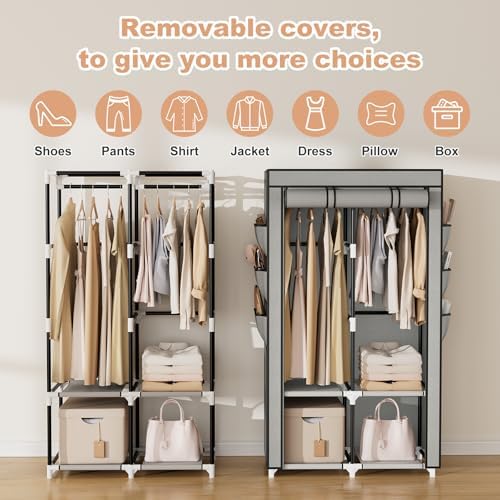 VTRIN Portable Closet Wardrobe for Hanging Clothes with 4 Storage Shelves, 2 Hanging Rods and 6 Pockets, Stable and Easy Assembly Clothes Rack with Cover Free Standing Closet for Bedroom, Grey - Image 5