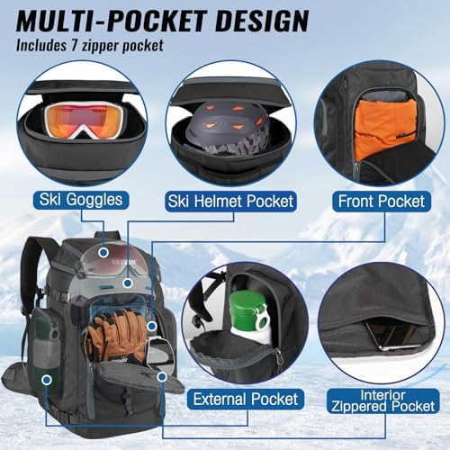 Ski Boot Bag, 65L Durable Travel Backpack, 1680D Nylon Waterproof Snowboard Boot Bag, Skiing and Snowboarding Travel Luggage for Helmet, Goggles, Gloves, Outerwear & Accessories - Image 3