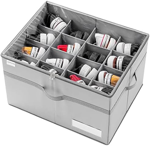 LUVHOMEE Shoe Organizer for Closet, Fits 16 Pairs, Large Shoe Box Storage Containers, Clear Foldable Shoe Storage Bins w/Bottom Support, Space Saving Shoes Holder w/Reinforced Handles, Gray by Luvhomee