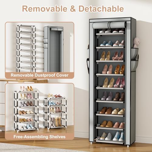 VILICK Shoe Rack with Cover Narrow Shoe Rack Organizer with 4 Side Pockets 10 Tier Tall Shoe Storage Shoe Shelf Holds 18-22 Pairs Shoes and Boots Shoe Rack for Closet, Grey - Image 6