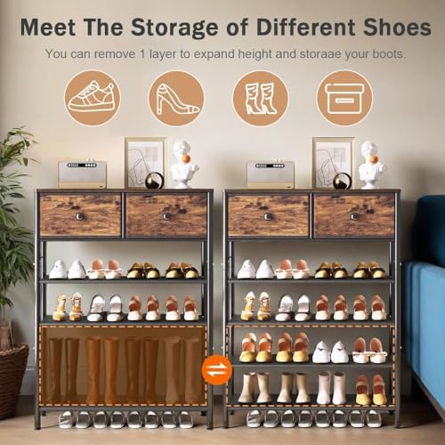 INGIORDAR 5 Tier Shoe Rack Storage Organizer Shelf with 2 Drawers MDF Board - Image 5