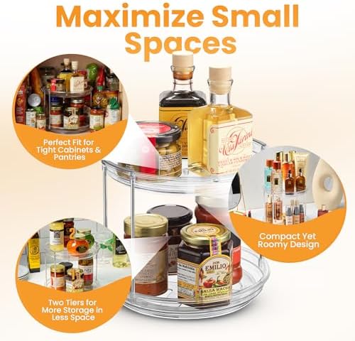 Oizeir 2 Tier Lazy Susan Organizer for Cabinet, Clear Acrylic Rotating Spice Rack Turntable for Kitchen, Pantry, Countertop, Bathroom, Vanity – Double Tier Storage Carousel with Metal Supports - Image 4