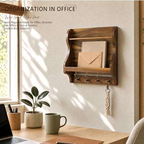 Acacia Wood Mail Organizer Wall Mount with 7 key Hooks Home Decor, Brown - Image 3