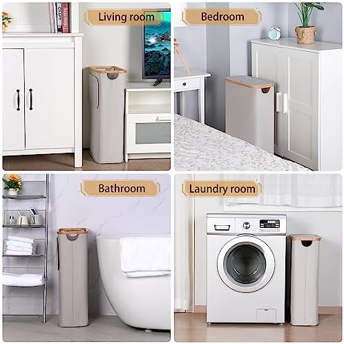 65L Slim Laundry Hamper, Narrow Laundry Basket with Lid,Foldable Clothes Hamper with Bamboo Handles,Hamper Basket with Removable Inner Bag for Laundry Room Bedroom College Dorm,17.17 Gals（Light Grey） - Image 6