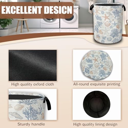 Seashells Starfish Laundry Basket,Waterproof Foldable Laundry Hamper,Dirty Clothes Basket, Linen Bin Storage Organizer Collection 16" x 20.8" - Image 5