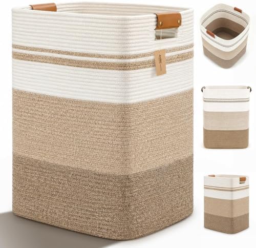 Laundry Hamper, Cotton Rope Laundry Basket with Leather Handles, 22.5-Gallon/85 L Large Clothes Hampers for Laundry, Woven Laundry Baskets for Blankets, Clothing, Bedroom, Living Room, Nursery by ARATECHOME
