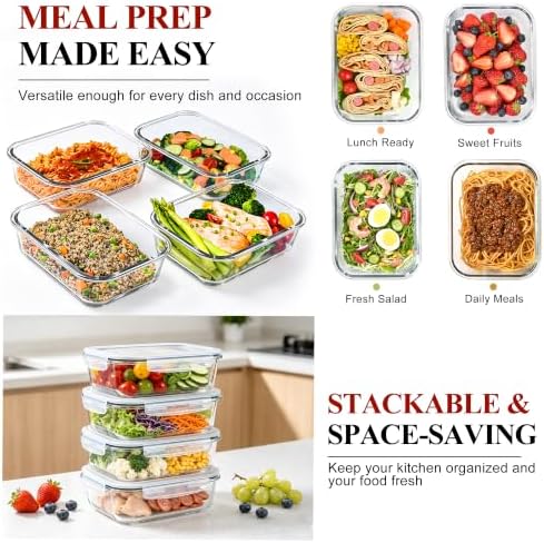 LOVYANXUE 4 Pack 52oz Large Glass Food Storage Containers with Lids, Meal Prep Containers, Glass Storage Containers with Airtight Lid for Storing, Heating, Serving, BPA-Free, Microwave & Oven Safe - Image 4
