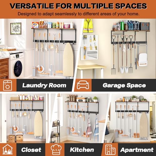 Broom Holder Wall Mount with Cleaning Supplies Organizer, Laundry Room Organization and Storage Shelves with Ironing Board Holder, Mop Hanger Broom Rack with Hooks, Home Improvement Garage Organizer - Image 6