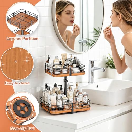 12 Inch Square Lazy Susan Organizer, 2 Tier Adjustable Wood Rack - Image 3