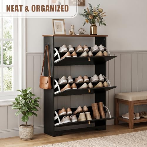 Nicetree Shoe Cabinet, 3 Flip Drawers Slim Black Walnut Top Entry Storage - Image 4