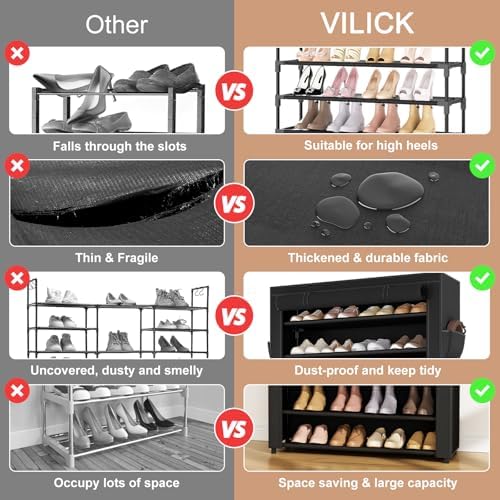 VILICK Shoe Rack with Cover Narrow Shoe Organizer with Pockets 10 Tier Tall Shoe Storage Holds 36-41 Pairs Shoes and Boots Shoe Rack for Closet Entryway Garage, Black - Image 5