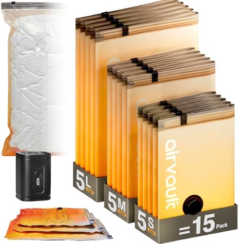 AirVault Vacuum Storage Bags for Travel & Home - Space Saver Compression Packing Bags Set for Clothes, Blankets & Seasonal Storage, Small (5), Medium (5), Large (5) (Orange,15-Pack Combo) by AirVault