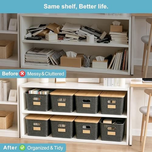 Bagnizer 2 Pack Tall Plastic Storage Bins with Bamboo Lids, 10.8qt Stackable Storages Baskets for Organizing Desktop Closet Playroom Classroom Office, 12"L x 8.3"W x 6.1"H, Gray - Image 7