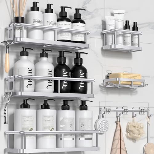 YASONIC Shower Caddy Adhesive, Rustproof Shower Organizer with Soap Holder, Large Capacity Shower Shelves for Inside Shower, No Drilling Bathroom Organizers and Storage for Home Decor（6 Pack Silver） by YASONIC