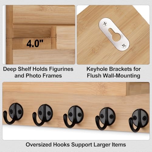 Lwenki Key Holder Wall Mount, Entryway Key and Mail Holder with 7 Sturdy Hooks for Sunglasses, Dog Leash, Decorative Wall Shelf with Mounting Hardware, 15”W x 6.7”H x 4.2”D (Wood) - Image 3