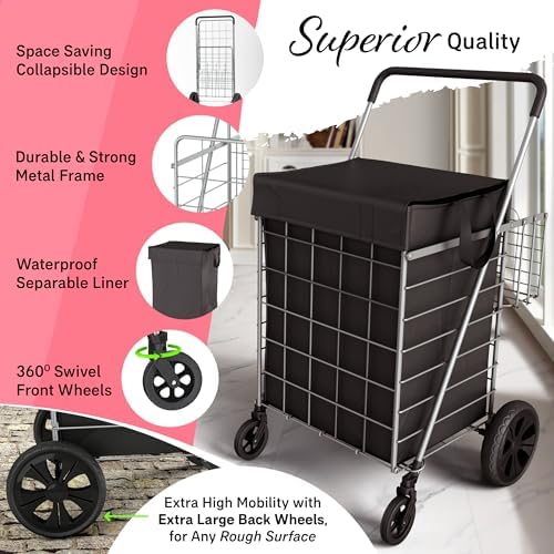 Our Modern Space Shopping Cart w/Waterproof Basket Liner & 360° Swivel Wheels | Foldable Collapsible & Lightweight | Perfect for Groceries Laundry Utility Cart - Silver - Image 3