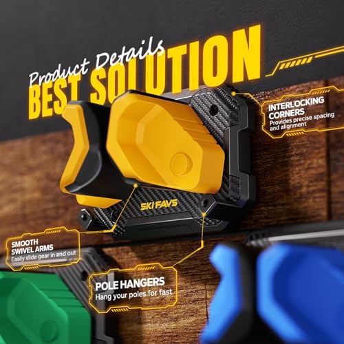 Ski & Snowboard Wall Rack for Garage Wall Fits Any Ski/board, Ski Wall Mount Holders Damage-Free Storage Rack, Garage Organization Space-Saving Winter Gear Organizer, Yellow, 4 Pack - Image 6
